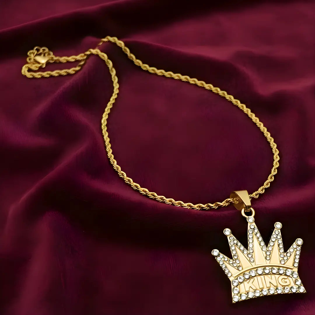 18K Gold Filled Iced Out Crown KING Pendant Necklace – Sparkling Pavé Cubic Zirconia Royalty Chain for Men & Women
